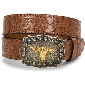 Vikodah Western Cowboy Buckle Belts for Men Women - PU Leather Bull Decoration Floral Engraved for Jeans