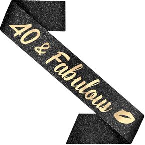 40th Birthday Sash 40 and Fabulous Decorations for Her Made of Black Glitter Fabric with Rose Gold Letters for Women