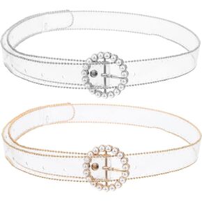 LUOZZY 2 PCS Pearl Belt for Women Clear Waist Belt PVC Faux Pearl Beaded Buckle Jelly Belt Transparent Belt for Women Dress Jeans, Gold and Sliver