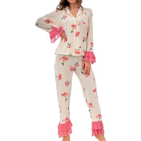 WDIRARA Women's 2 Piece Pajama Set Floral Print Ruffle Hem Long Sleeve Button Top and Pants Sleepwear