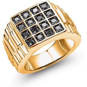 Gem Stone King 18K Yellow Gold Plated Silver Black Diamond Ring for Men (1.04 cttw Round Diamonds,Top Width 15mm, Available Sizes In 7,8,9,10,11,12,13)