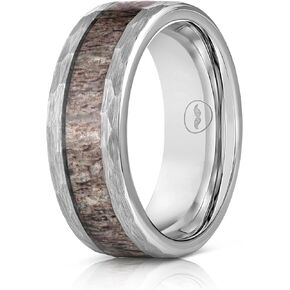 Gentlemen's Bands Men's Silver Tungsten Carbide Wedding Band - Premium Grade Deer Antler Wedding Ring for Men - Includes Silicon Band, Leather Drawstring Pouch, & Luxury Walnut Ring Box