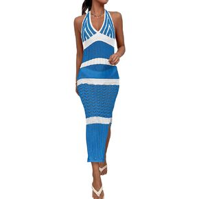 WDIRARA Women's Halter Backless Slit Knitted Swimsuit Coverup Maxi Beach Dress
