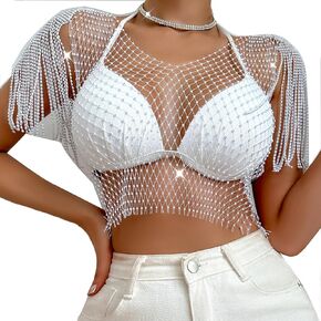 Women’s Rhinestones Crop Tank Top Crystal Sleeveless Fringe Shawl Wrap See-through Bikini Cover Up Mesh Body Chain