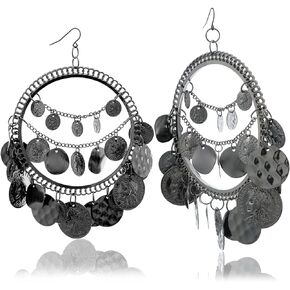 RechicGu 1Pair Vintage Tribal Rare Coins Big Hoop Banjara Kuchi Belly Dance Chain Boho Gypsy Dangle Earrings,3.9",30g/pc