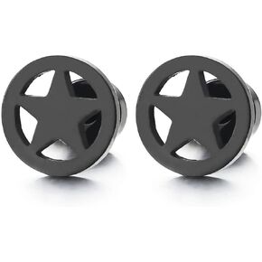 Mens Women Black Stainless Steel Circle Pentagram Stud Earrings Screw Back 2 pcs