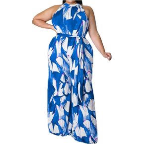 Lisa Colly Women's Plus Size Summer Halter Neck Floral Print Sleeveless Wide Leg Jumpsuits Cocktail Rompers with Belt