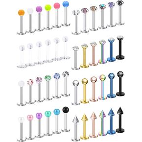 Prjndjw 48Pcs Lip Rings 16G Surgical Steel Labret Studs Monroe Ring Piercing Jewelry for Women Men Conch Cartilage Tragus Helix Earring Barbells 8MM 10MM Glow in the Dark