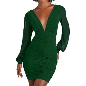 HOCILLE Women's Sexy V Neck Bodycon Mini Dress Puff Mesh Long Sleeve Party Short Dresses