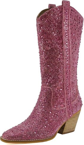 Alice 12 Inches Women's Knee High Rhinestone Sparkling Crystal Stacked Heel Western Boots in Saudi Arabia