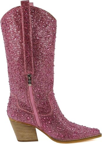 Alice 12 Inches Women's Knee High Rhinestone Sparkling Crystal Stacked Heel Western Boots in Saudi Arabia