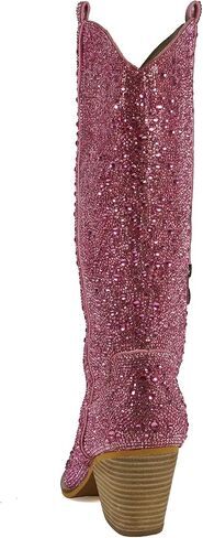 Alice 12 Inches Women's Knee High Rhinestone Sparkling Crystal Stacked Heel Western Boots in Saudi Arabia