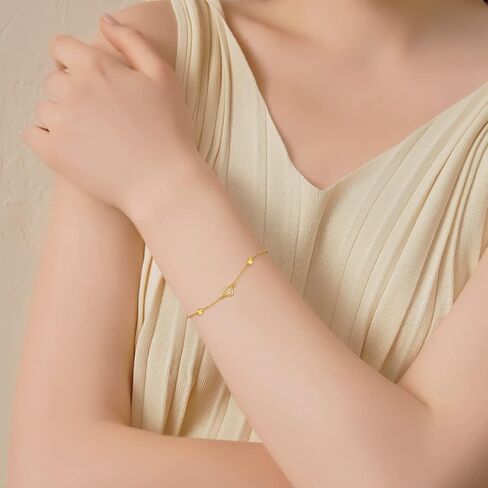 14K Solid Gold Heart Bracelet for Women, Dainty Gold Dangle Love Heart Bracelet Jewelry Gifts for Her, Mom, Wife, 6.5"-8.1" in Saudi Arabia