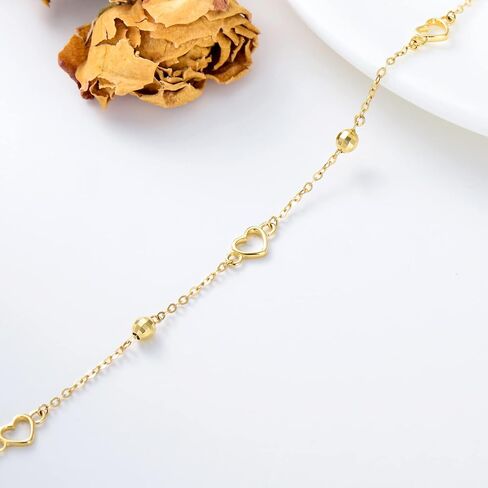 14K Solid Gold Heart Bracelet for Women, Dainty Gold Dangle Love Heart Bracelet Jewelry Gifts for Her, Mom, Wife, 6.5"-8.1" in Saudi Arabia