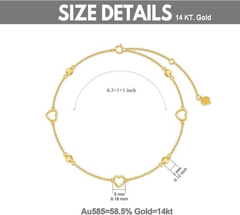 14K Solid Gold Heart Bracelet for Women, Dainty Gold Dangle Love Heart Bracelet Jewelry Gifts for Her, Mom, Wife, 6.5"-8.1" in Saudi Arabia