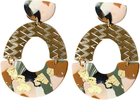 Bohamian Polymer Ceramic Clay Long Drop Dangle Earring Boho Fan-shaped Sector Mottled Marble Pattern Statement Ellipse Earrings for Women Girl Teen Handmade Lightweight Geometric Jewelry Gift in Saudi Arabia
