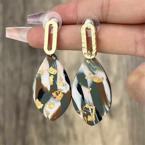 Bohamian Polymer Ceramic Clay Long Drop Dangle Earring Boho Fan-shaped Sector Mottled Marble Pattern Statement Ellipse Earrings for Women Girl Teen Handmade Lightweight Geometric Jewelry Gift in Saudi Arabia