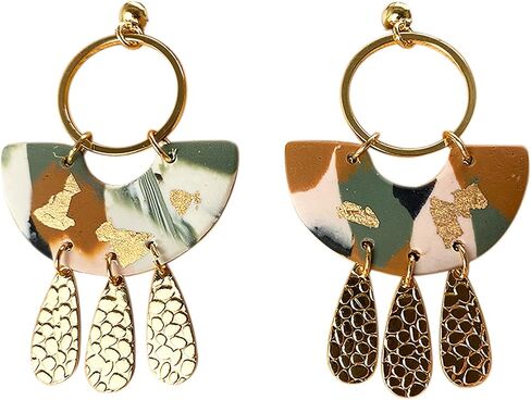 Bohamian Polymer Ceramic Clay Long Drop Dangle Earring Boho Fan-shaped Sector Mottled Marble Pattern Statement Ellipse Earrings for Women Girl Teen Handmade Lightweight Geometric Jewelry Gift in Saudi Arabia