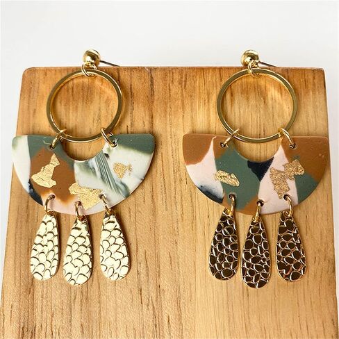 Bohamian Polymer Ceramic Clay Long Drop Dangle Earring Boho Fan-shaped Sector Mottled Marble Pattern Statement Ellipse Earrings for Women Girl Teen Handmade Lightweight Geometric Jewelry Gift in Saudi Arabia