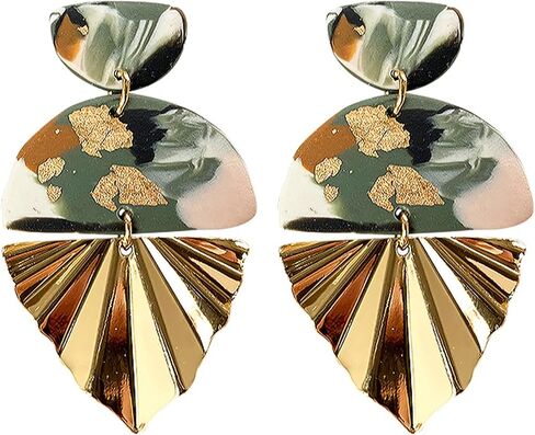 Bohamian Polymer Ceramic Clay Long Drop Dangle Earring Boho Fan-shaped Sector Mottled Marble Pattern Statement Ellipse Earrings for Women Girl Teen Handmade Lightweight Geometric Jewelry Gift in Saudi Arabia