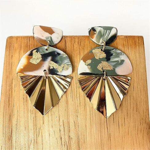 Bohamian Polymer Ceramic Clay Long Drop Dangle Earring Boho Fan-shaped Sector Mottled Marble Pattern Statement Ellipse Earrings for Women Girl Teen Handmade Lightweight Geometric Jewelry Gift in Saudi Arabia