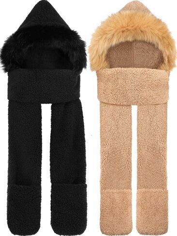2 Pieces Winter Warm Hooded Hat Scarf Gloves Set 3 in 1 Soft Plush Thick Warm Hat Headscarf Furry Hat with Pocket for Women Girls Black, Brown in Saudi Arabia