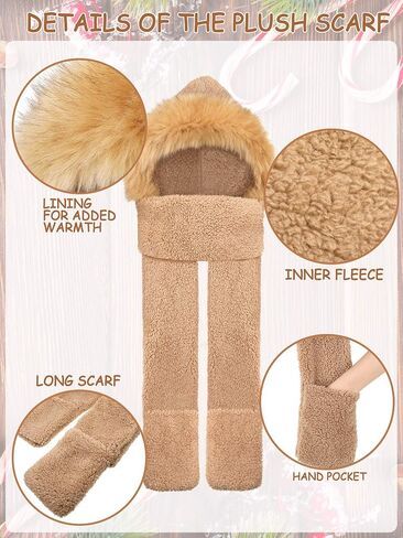 2 Pieces Winter Warm Hooded Hat Scarf Gloves Set 3 in 1 Soft Plush Thick Warm Hat Headscarf Furry Hat with Pocket for Women Girls Black, Brown in Saudi Arabia