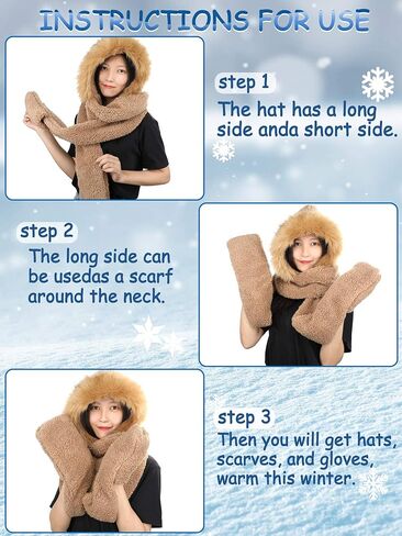 2 Pieces Winter Warm Hooded Hat Scarf Gloves Set 3 in 1 Soft Plush Thick Warm Hat Headscarf Furry Hat with Pocket for Women Girls Black, Brown in Saudi Arabia