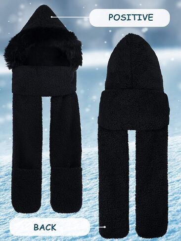 2 Pieces Winter Warm Hooded Hat Scarf Gloves Set 3 in 1 Soft Plush Thick Warm Hat Headscarf Furry Hat with Pocket for Women Girls Black, Brown in Saudi Arabia