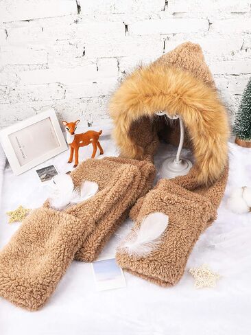 2 Pieces Winter Warm Hooded Hat Scarf Gloves Set 3 in 1 Soft Plush Thick Warm Hat Headscarf Furry Hat with Pocket for Women Girls Black, Brown in Saudi Arabia