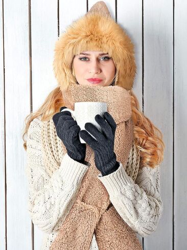 2 Pieces Winter Warm Hooded Hat Scarf Gloves Set 3 in 1 Soft Plush Thick Warm Hat Headscarf Furry Hat with Pocket for Women Girls Black, Brown in Saudi Arabia