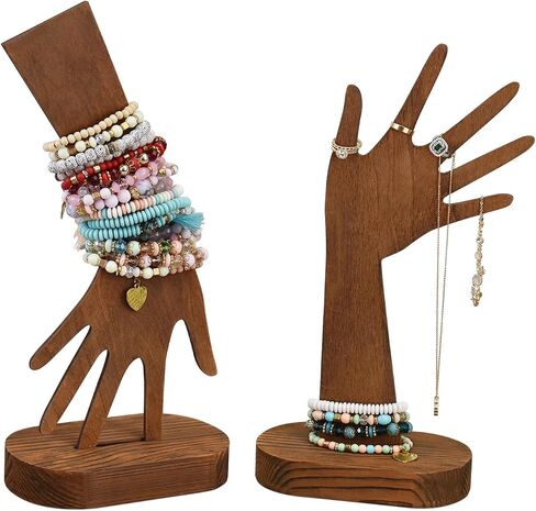 MOOCA 2 Pcs Set Multi-Functional Tabletop or Wall-Mountable Wooden Hand-Shaped Jewelry Display Stand For More Bracelet Storage, Premium Real Wood Sturdy Base, Brown Color in Saudi Arabia