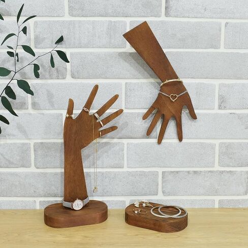 MOOCA 2 Pcs Set Multi-Functional Tabletop or Wall-Mountable Wooden Hand-Shaped Jewelry Display Stand For More Bracelet Storage, Premium Real Wood Sturdy Base, Brown Color in Saudi Arabia