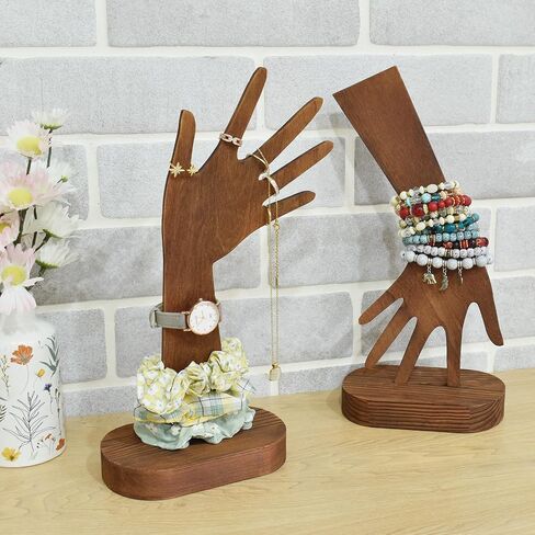 MOOCA 2 Pcs Set Multi-Functional Tabletop or Wall-Mountable Wooden Hand-Shaped Jewelry Display Stand For More Bracelet Storage, Premium Real Wood Sturdy Base, Brown Color in Saudi Arabia