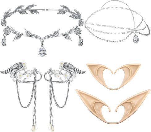 8 Pieces Fairy Cosplay Set Included Rhinestone Leaf Crown Headband Rhinestone Drop Headpiece Elf Ear Cuffs And 2 Pairs Elf Ears For Christmas Women Girls Dress Up Costume Party Props Accessories in Saudi Arabia