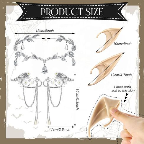 8 Pieces Fairy Cosplay Set Included Rhinestone Leaf Crown Headband Rhinestone Drop Headpiece Elf Ear Cuffs And 2 Pairs Elf Ears For Christmas Women Girls Dress Up Costume Party Props Accessories in Saudi Arabia