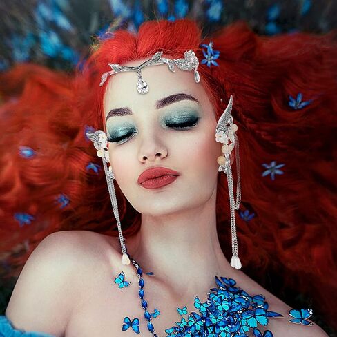 8 Pieces Fairy Cosplay Set Included Rhinestone Leaf Crown Headband Rhinestone Drop Headpiece Elf Ear Cuffs And 2 Pairs Elf Ears For Christmas Women Girls Dress Up Costume Party Props Accessories in Saudi Arabia