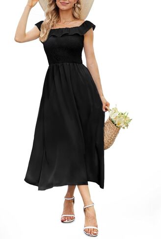 فستان نسائي صيفي كاجوال من DRESSTELLS بدون أكمام وفتحة رقبة مستديرة فستان الشمس المتأرجح بوهو طويل مع جيوب in Kuwait