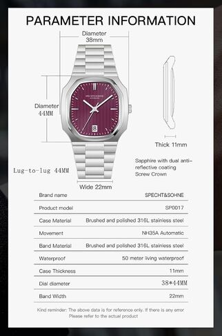 SPECHT&SOHNE Watches for Men 38MM Rare Elegant Automatic Mechanical Watch Stainless Steel Sapphire Crystal Waterproof in Saudi Arabia
