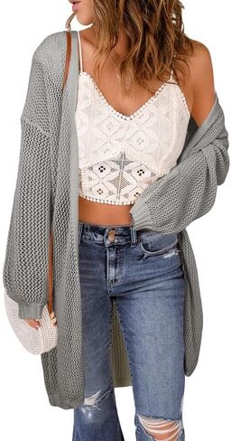 Dokotoo Womens Puff Long Sleeve Crochet Knit Cardigan Sweaters Color Block Kimono Open Front Coat Outwear in Saudi Arabia