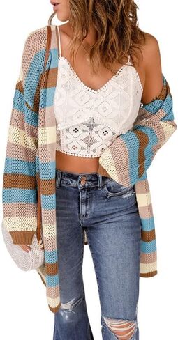 Dokotoo Womens Puff Long Sleeve Crochet Knit Cardigan Sweaters Color Block Kimono Open Front Coat Outwear in Saudi Arabia