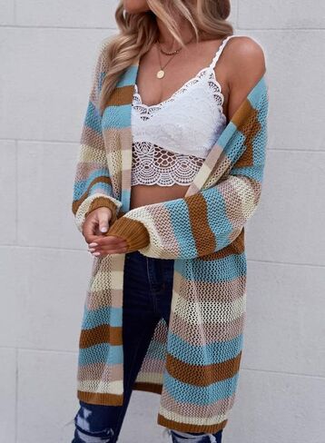 Dokotoo Womens Puff Long Sleeve Crochet Knit Cardigan Sweaters Color Block Kimono Open Front Coat Outwear in Saudi Arabia