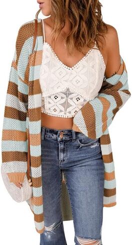 Dokotoo Womens Puff Long Sleeve Crochet Knit Cardigan Sweaters Color Block Kimono Open Front Coat Outwear in Saudi Arabia