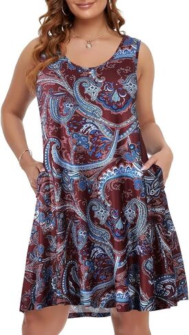 BELAROI Women Plus Size Sundress Summer Casual Sleeveless Tshirt Dress Paisley Print Scoop Neck Swing Tank Dresses with Pockets Beach Swimsuit Cover up(1X,Flower55) in Saudi Arabia