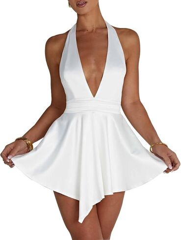 LuFeng Women's Sexy Sleeveless Halter Deep V Neck Backless Tie Back Waist Flowy Drape Satin Cocktail Mini Dress in Saudi Arabia