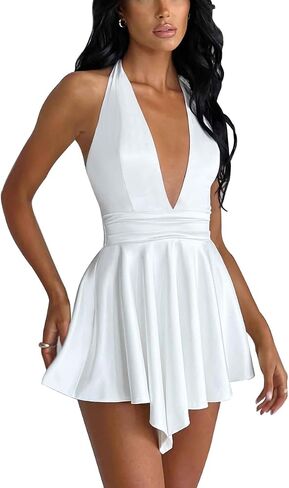 LuFeng Women's Sexy Sleeveless Halter Deep V Neck Backless Tie Back Waist Flowy Drape Satin Cocktail Mini Dress in Saudi Arabia