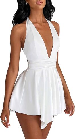 LuFeng Women's Sexy Sleeveless Halter Deep V Neck Backless Tie Back Waist Flowy Drape Satin Cocktail Mini Dress in Saudi Arabia
