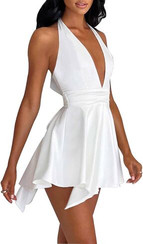 LuFeng Women's Sexy Sleeveless Halter Deep V Neck Backless Tie Back Waist Flowy Drape Satin Cocktail Mini Dress in Saudi Arabia