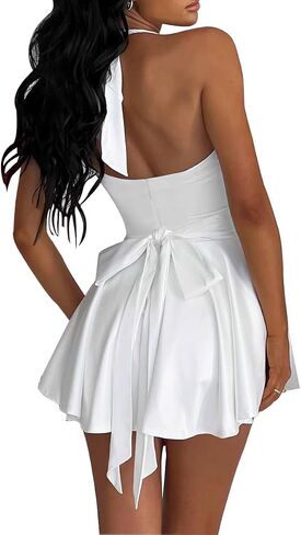 LuFeng Women's Sexy Sleeveless Halter Deep V Neck Backless Tie Back Waist Flowy Drape Satin Cocktail Mini Dress in Saudi Arabia
