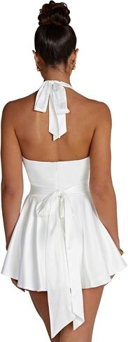 LuFeng Women's Sexy Sleeveless Halter Deep V Neck Backless Tie Back Waist Flowy Drape Satin Cocktail Mini Dress in Saudi Arabia